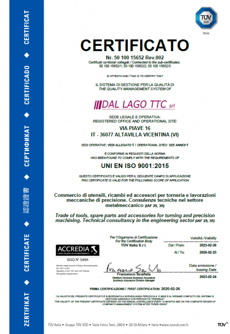 CERTIFICATO UNI EN ISO 9001:2015 DAL LAGO TTC