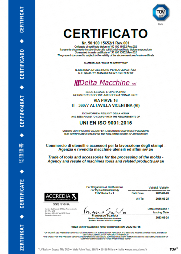 CERTIFICATO UNI EN ISO 9001:2015 DELTA MACCHINE
